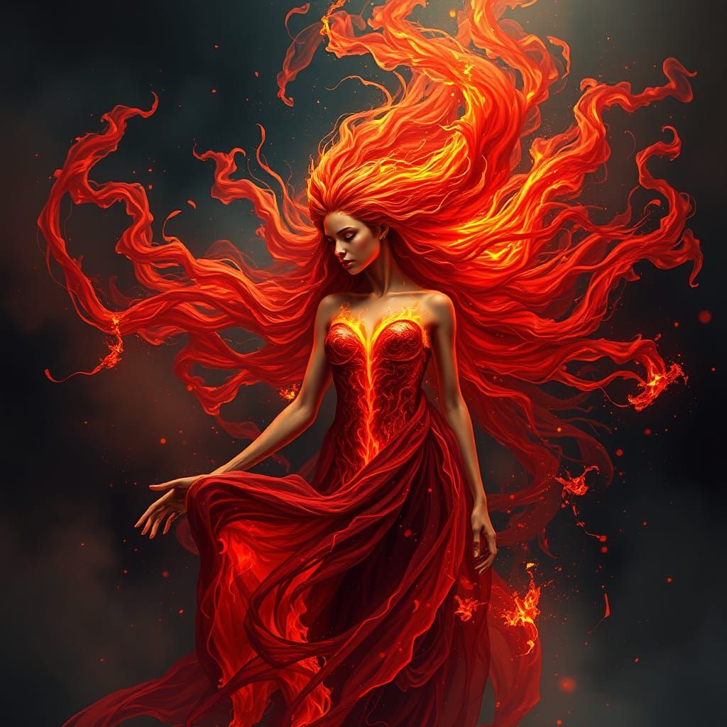 Fiery Goddess Emerges from Flames in Cyberpunk Art