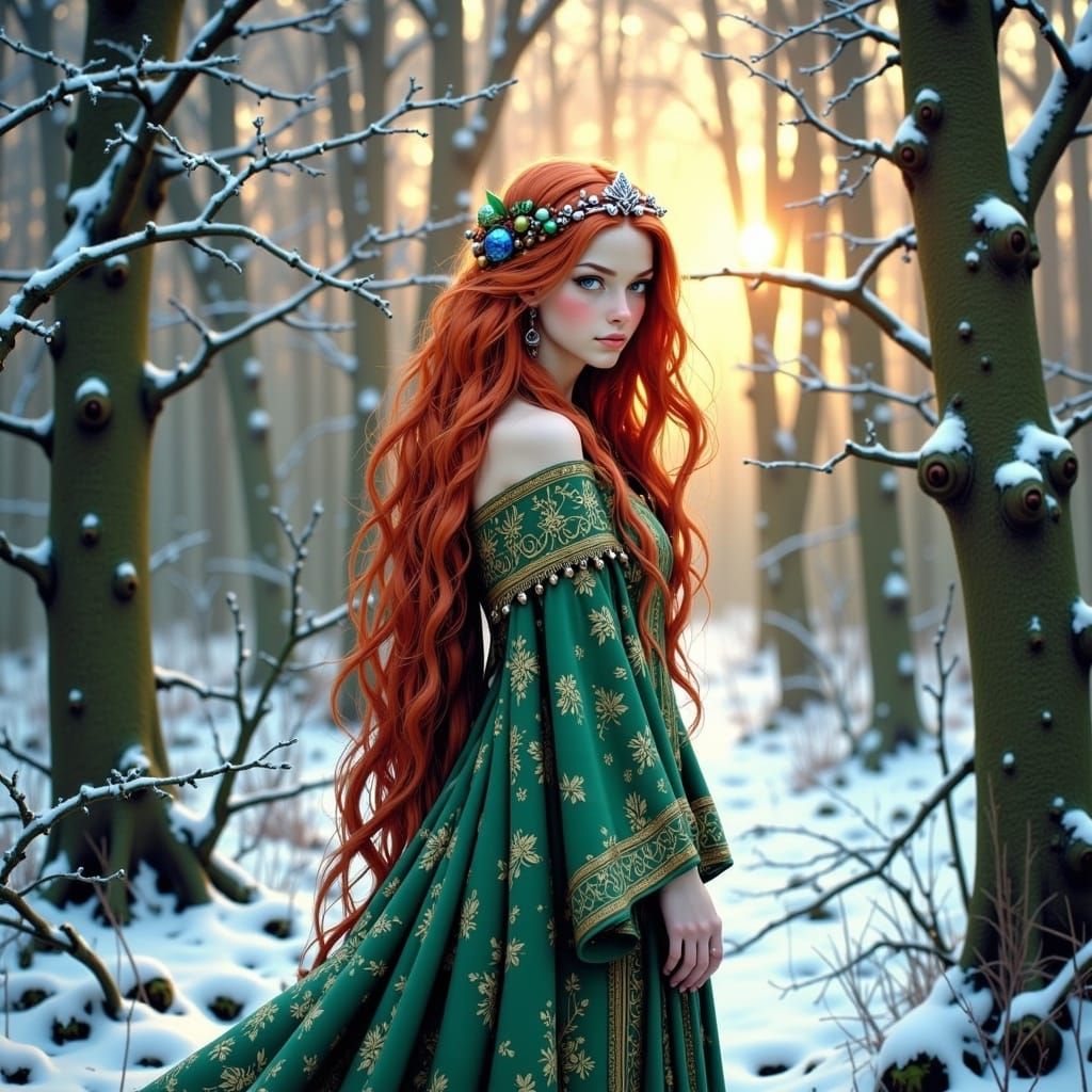 Ethereal Elf-Maiden in Snowy Crystal Forest