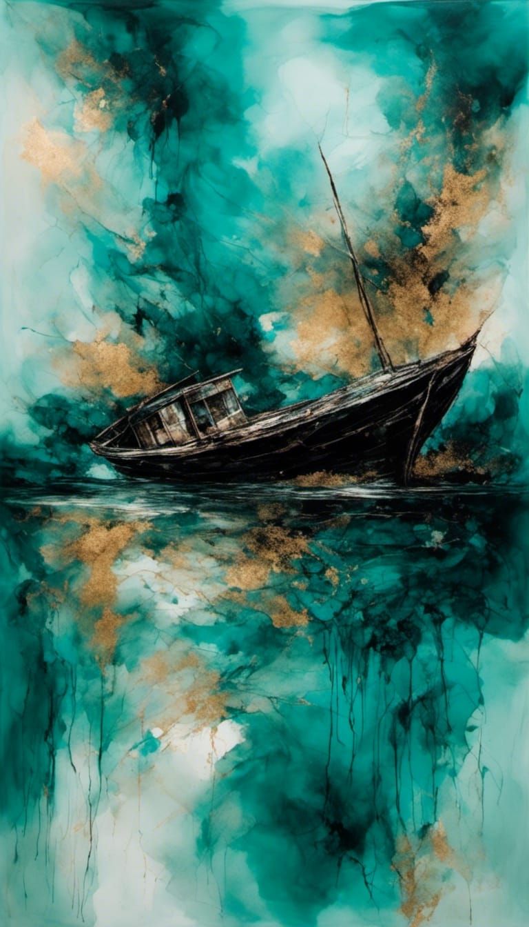 Boat on Water in Alcohol Ink Style