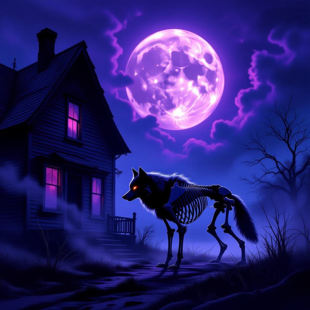 Skeletal Wolf Under Purple Moon at Haunted House