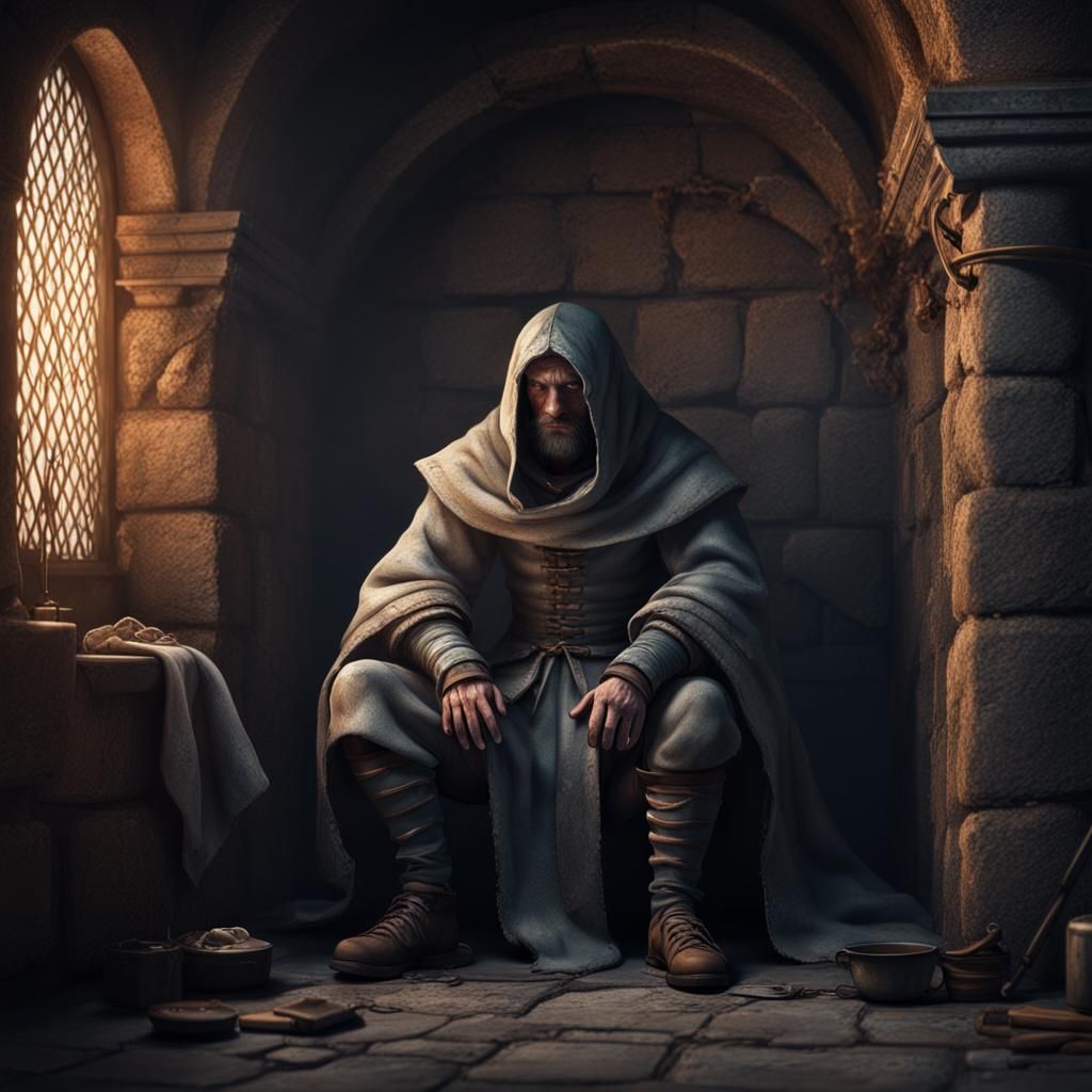 Sad Prisoner in Medieval Fantasy Cell