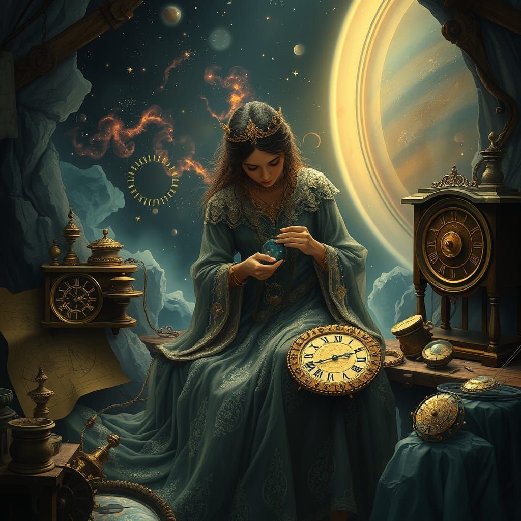 Celestial Clockmaker in Aurora-Lit Workshop