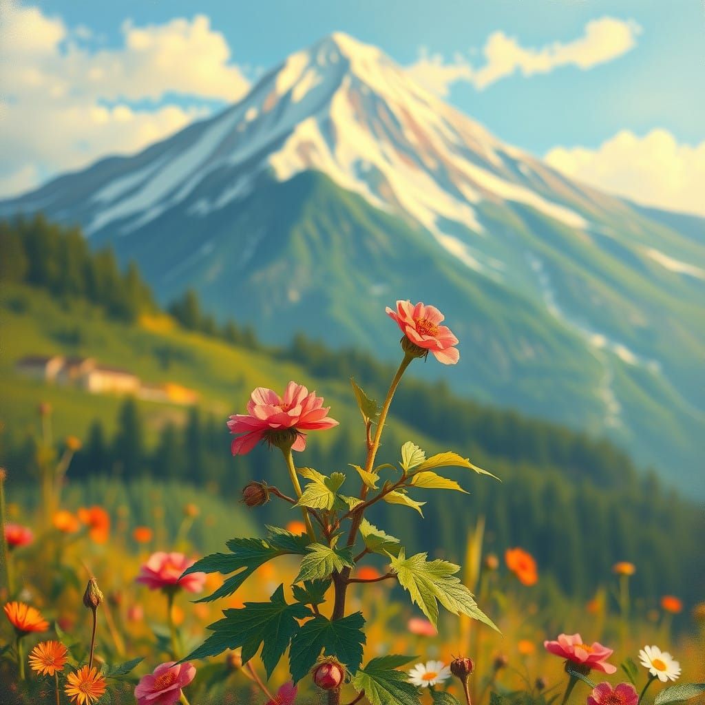 Whimsical Cloudberry Blooms under Majestic Mountain in Dream...