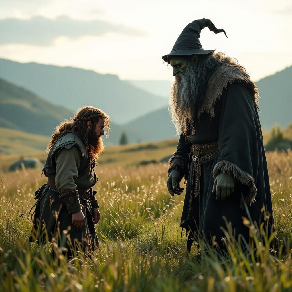 Epic Fantasy Scene: Troll, Witch, and Sorcerer Encounter