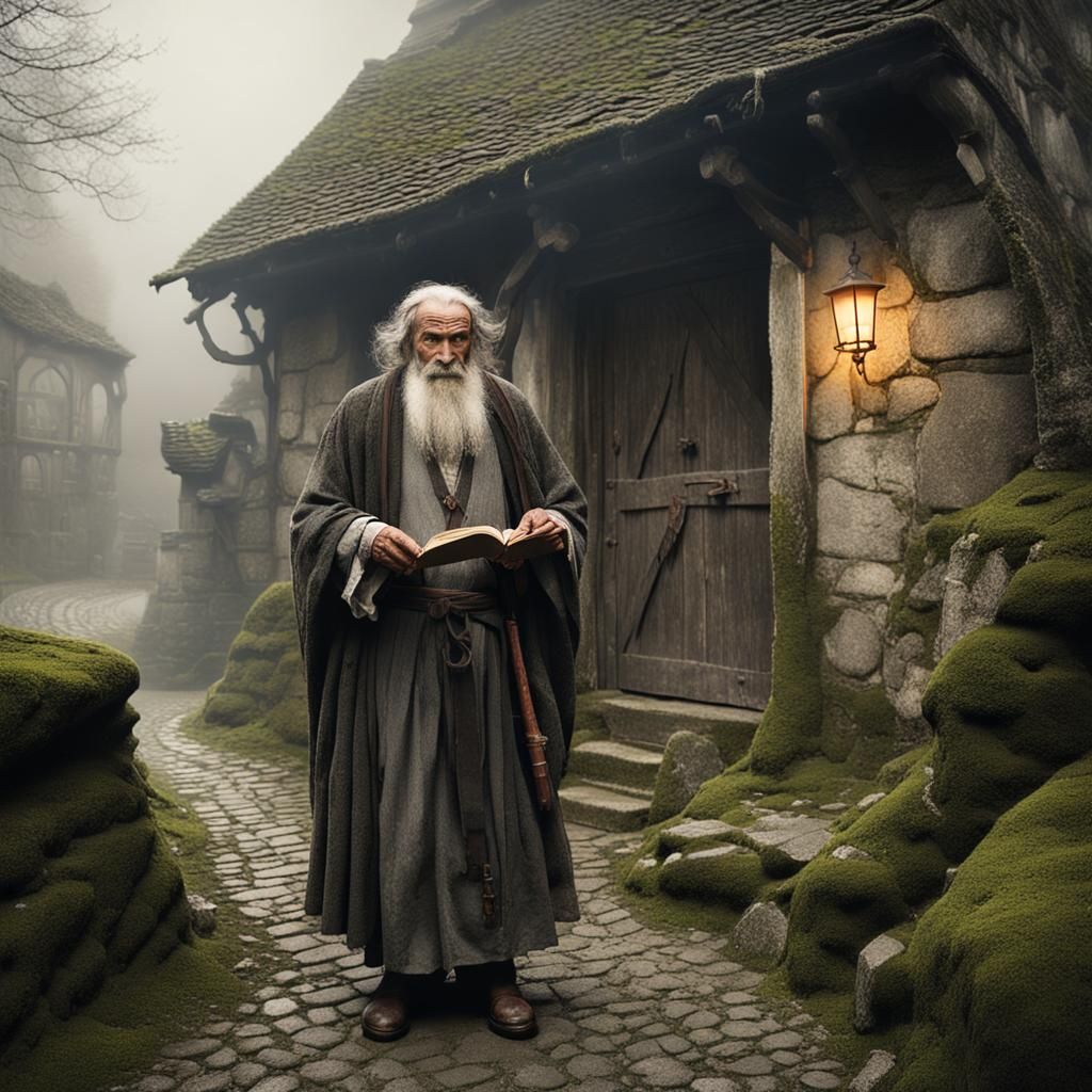 Mystical Village Elder at Ancient Mill, Detailed Portrait