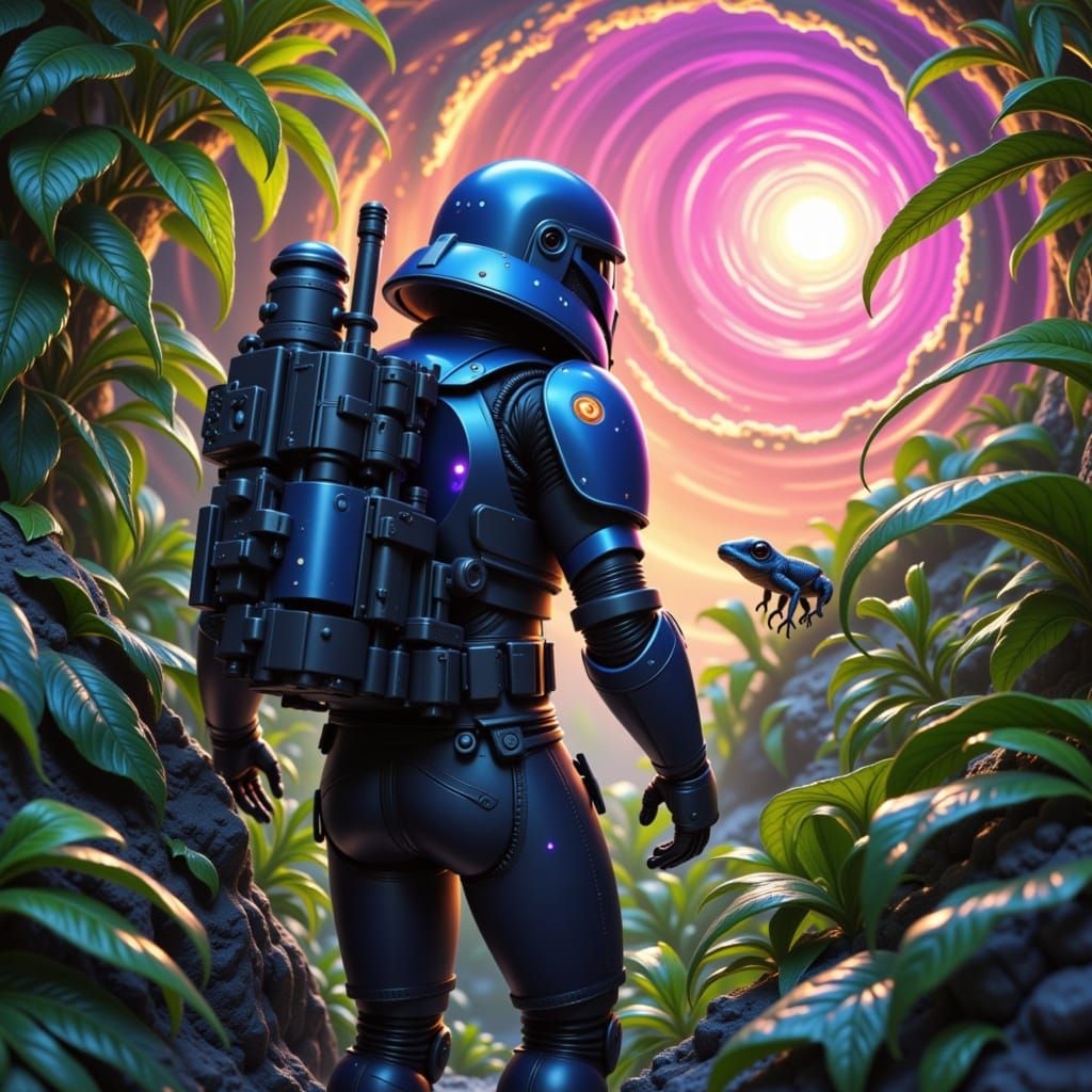 Space Trooper Encounter with Alien Frog, Digital Art