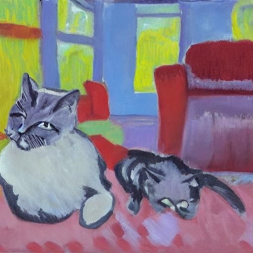 Cats in Cozy Attic Room, Fauvist Digital Painting