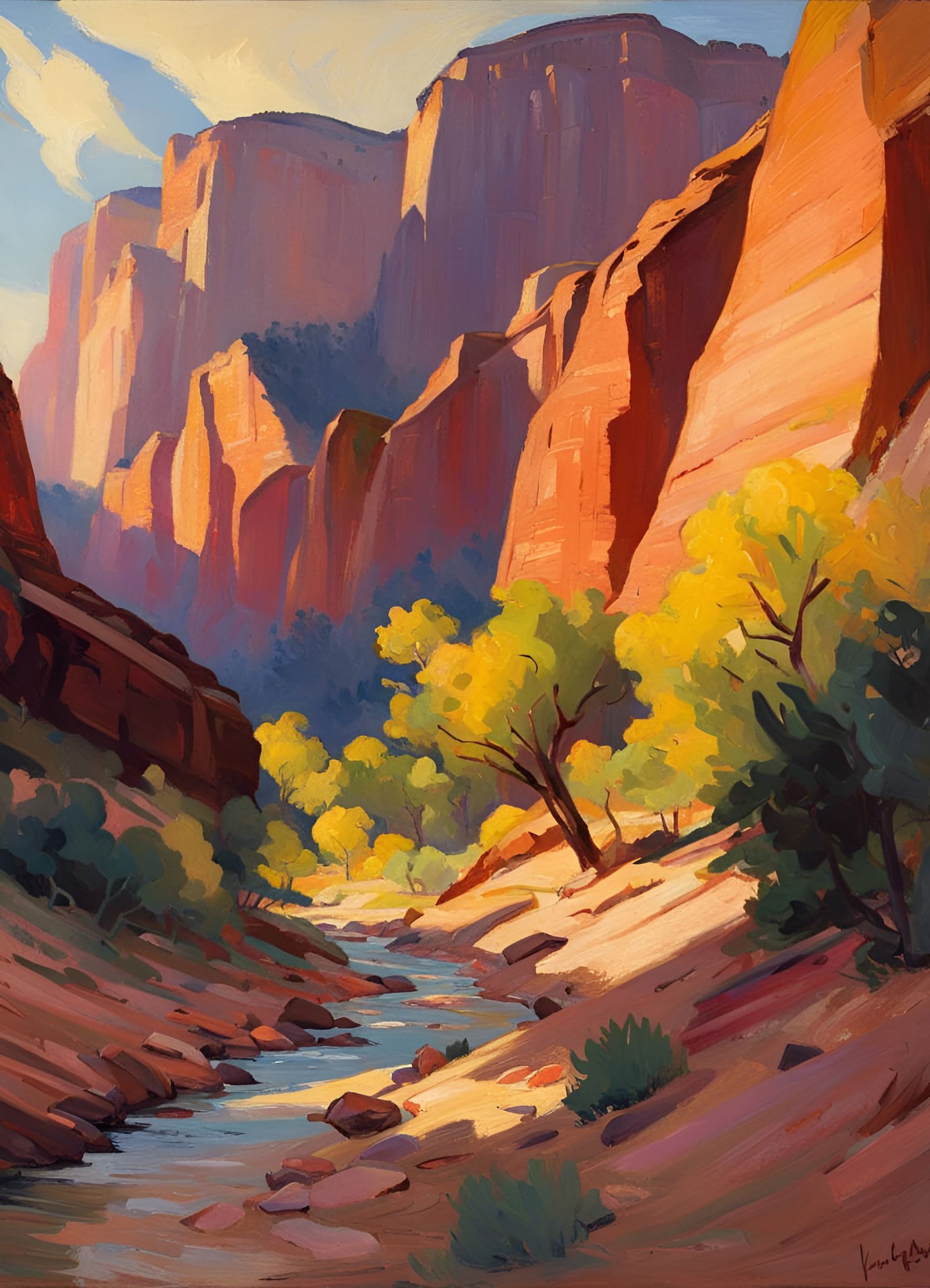 Zion National Park at Golden Hour in Impasto Style