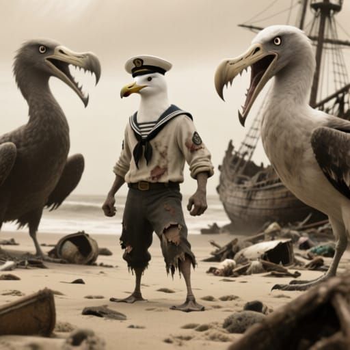 Seagull Sailor Battles Giant Albatrosses on Beach