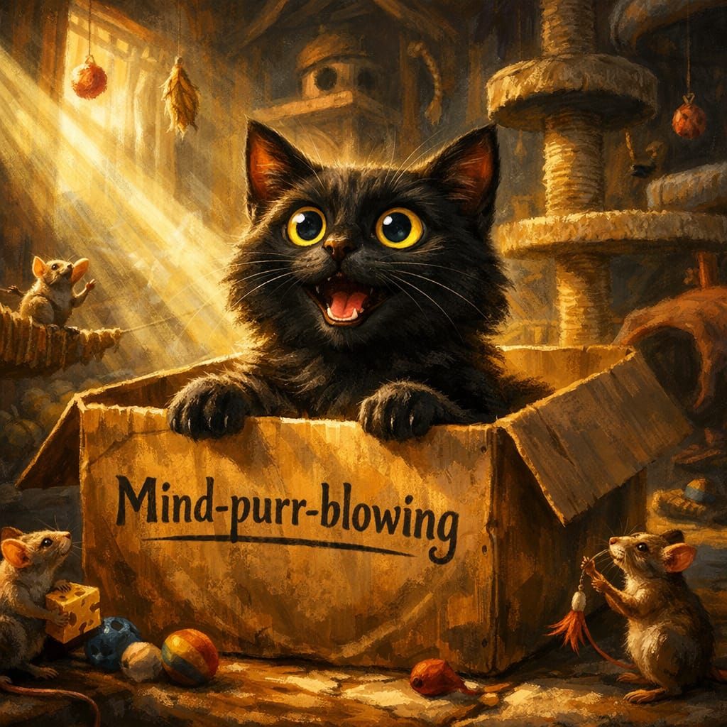 Humorous Cat in Box - Fantasy Illustration
