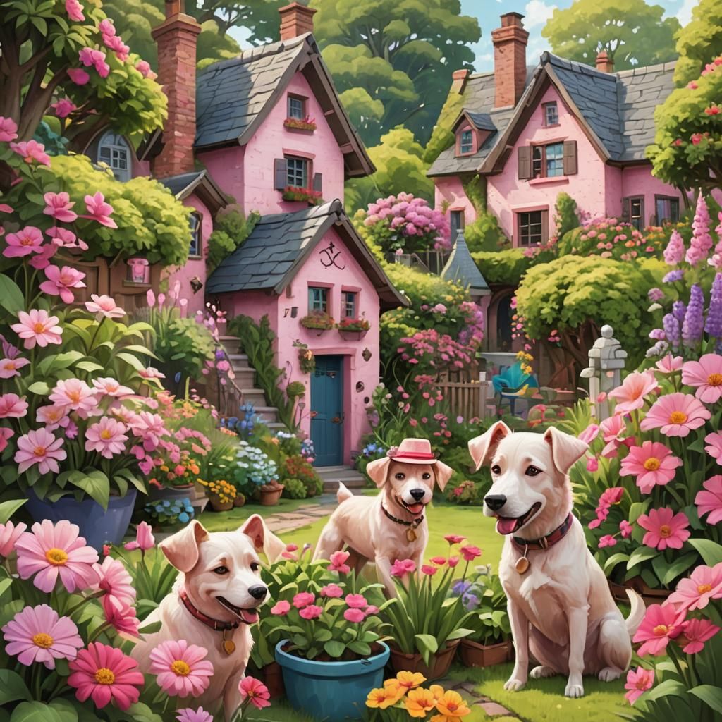 Pink Dogs Gardening: Pixar-Style Home Illustration