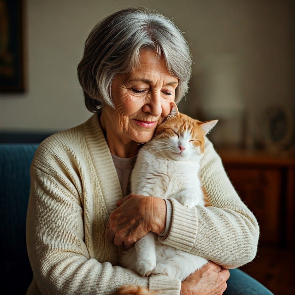 Elderly Woman Cradling Serene Cat in Soft Golden Light