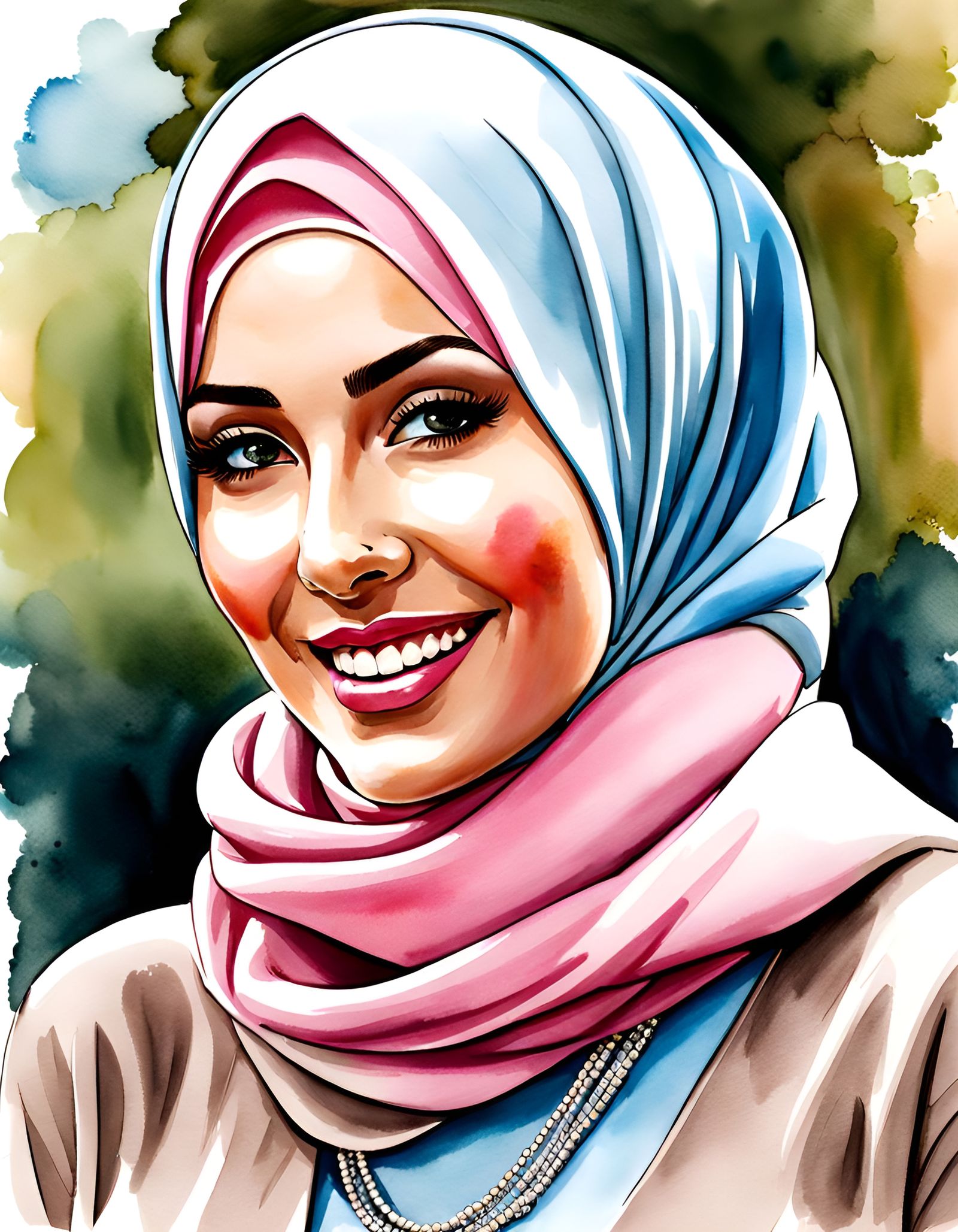 Enticing Hijabi Woman in City Park: Watercolor Portrait
