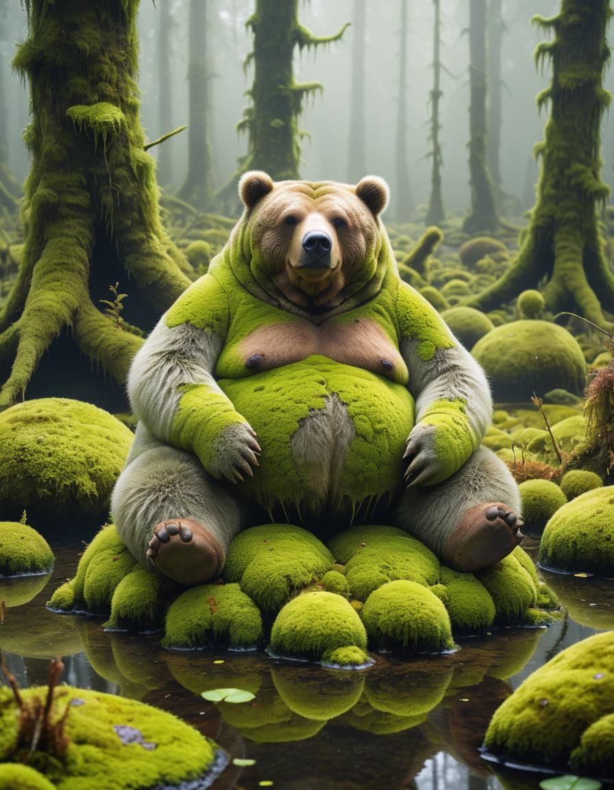 Moss Bear in a Misty Forest Planet Oasis