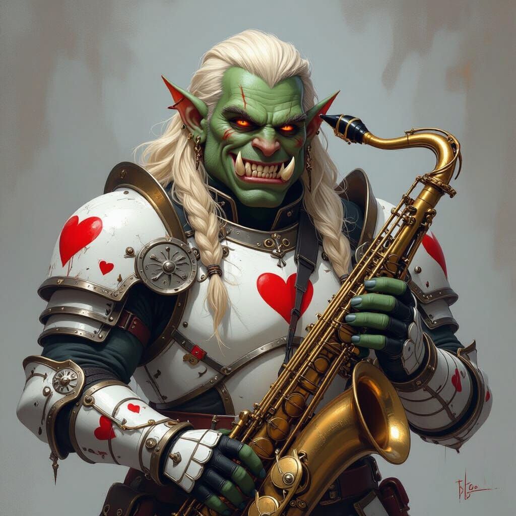 Half-Orc Bard in Ornate Armor with Saxophone