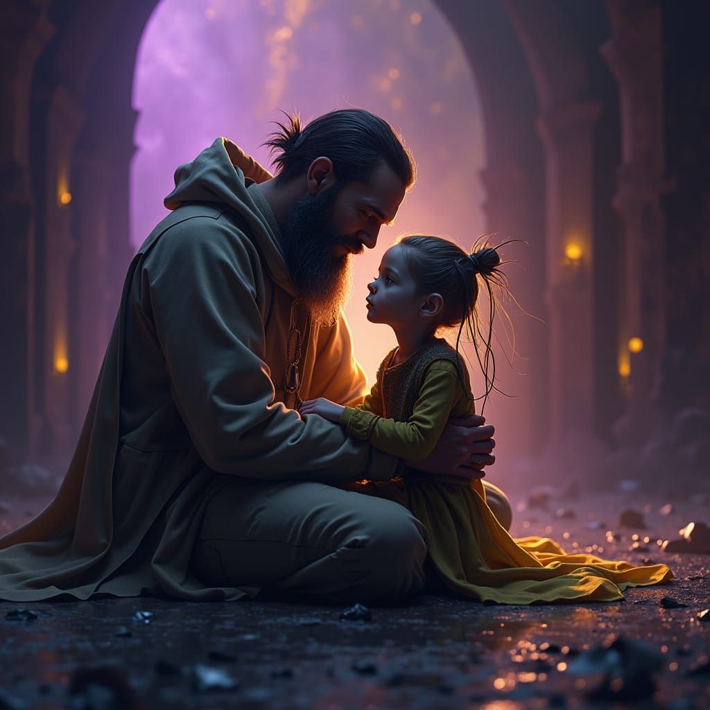 Man Comforts Cyborg Child: Dark Fantasy Art