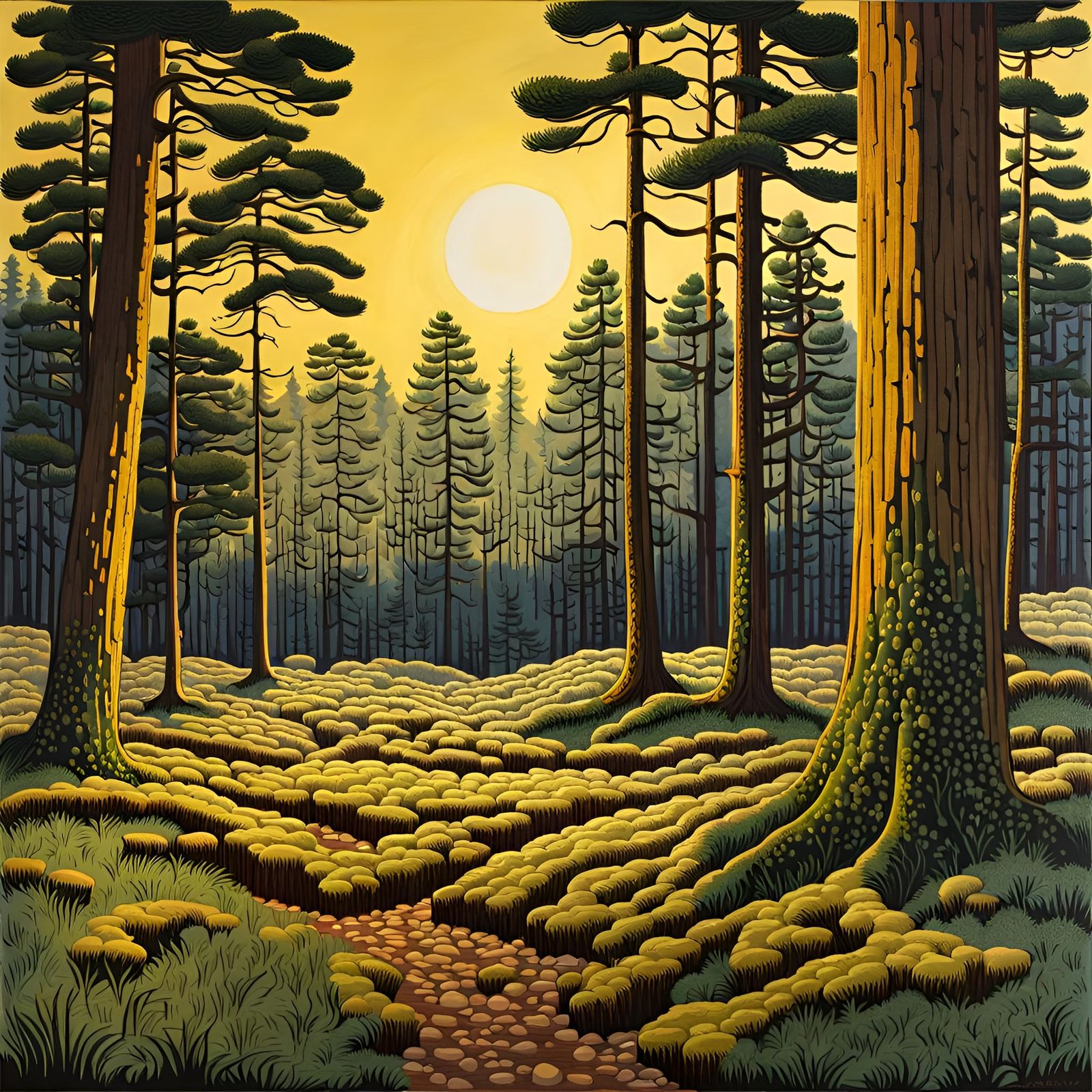 Golden Glade: Post-Impressionistic Pine Wood Scene