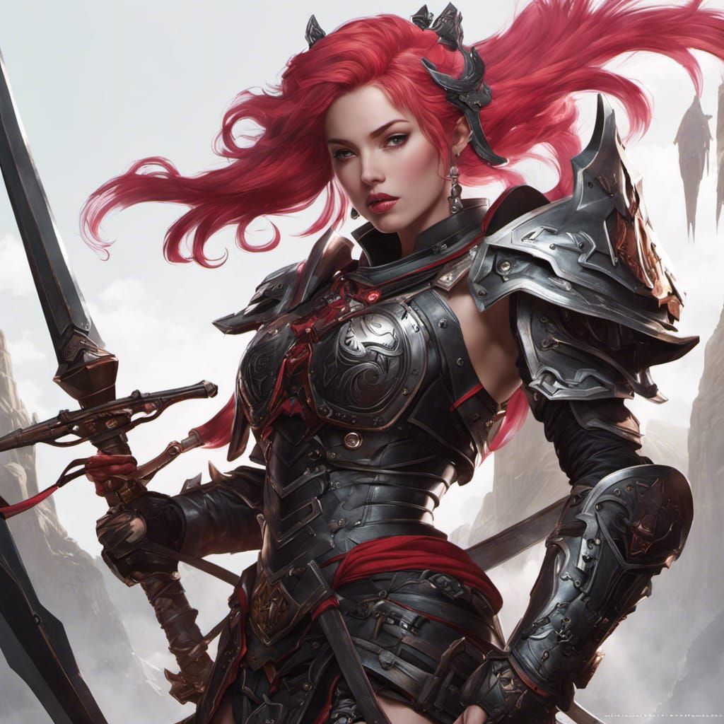 Pink-Haired Paladin in Obsidian Armor: Digital Art
