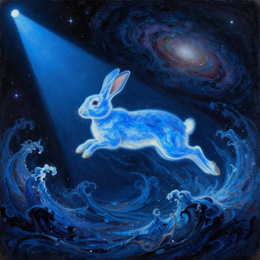 Surreal Blue Rabbit Leaping Through a Cosmic Galaxy