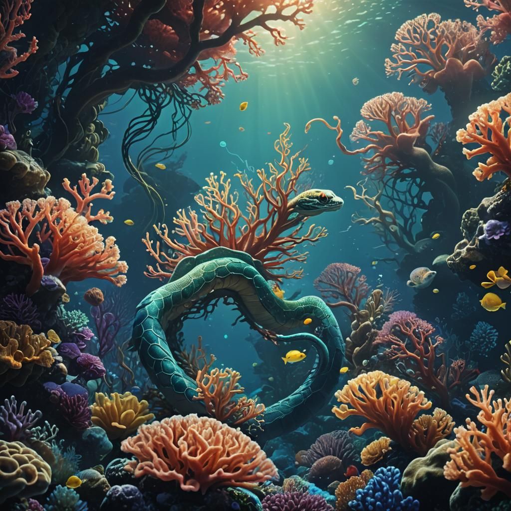 Bioluminescent Serpent in Underwater Fantasy Landscape