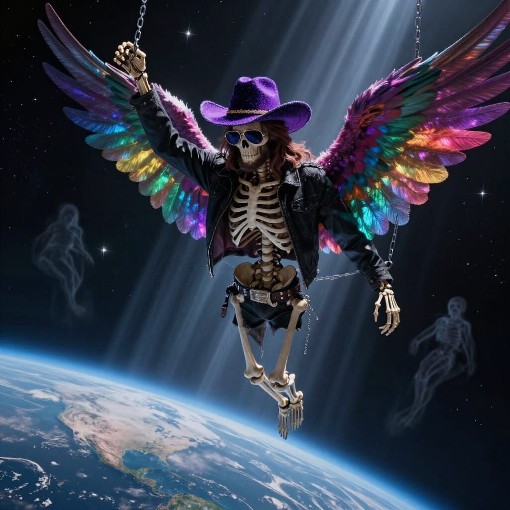 Skeletal Jesus in Cosmic Space with Rainbow Wings