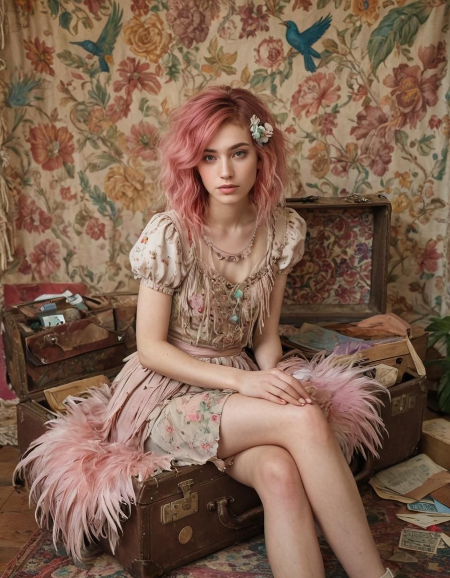 Pink-Haired Girl with Bird, in Expressive Impasto Style