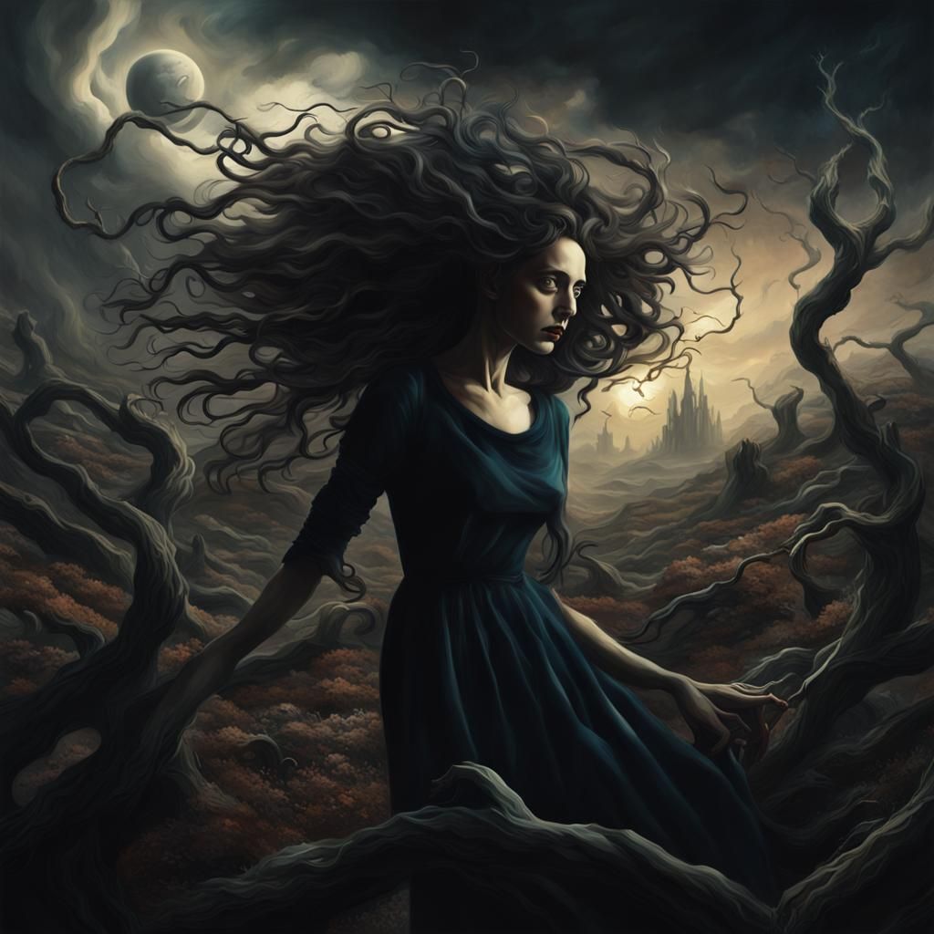 Dark Fantasy Woman Reaching for Heart, Hyperrealistic Scene