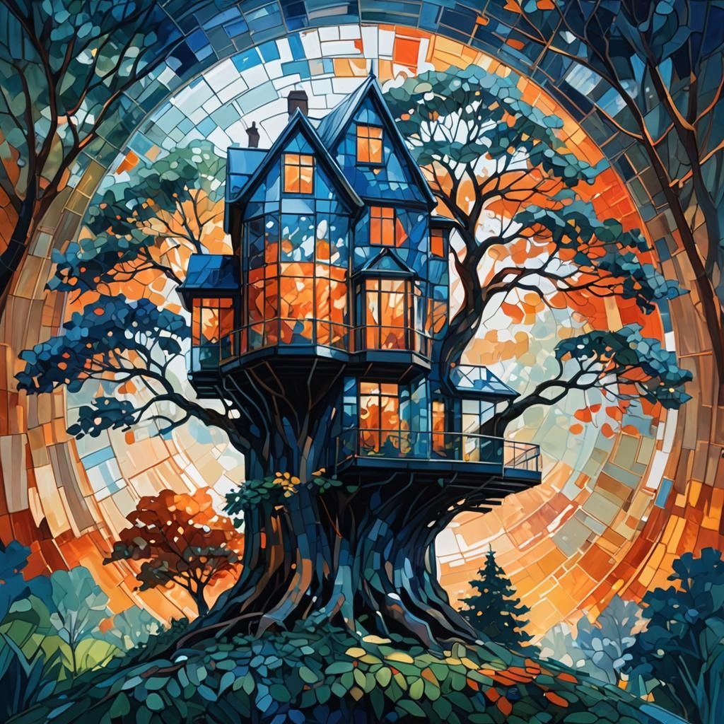 Glass House and Tree in Post-Impressionist Style