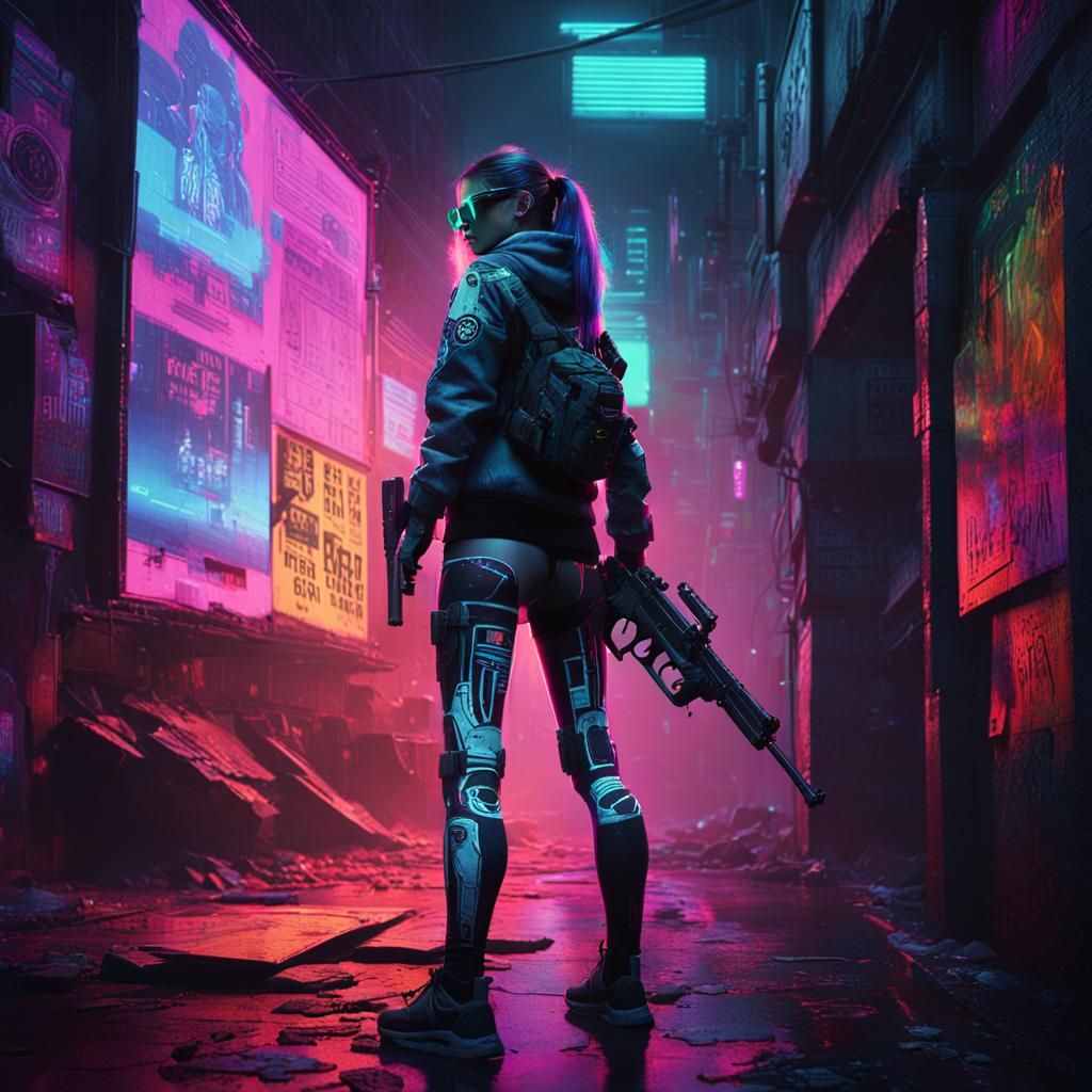 Cyberpunk Girl in Neon Alley Concept Art