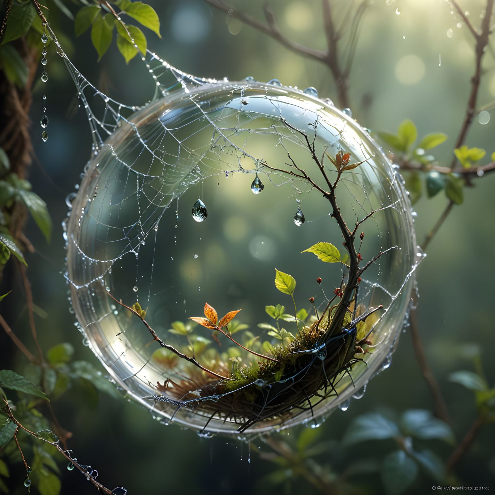 Dewdrop Reflecting Forest: Hyperrealistic Macro Photography