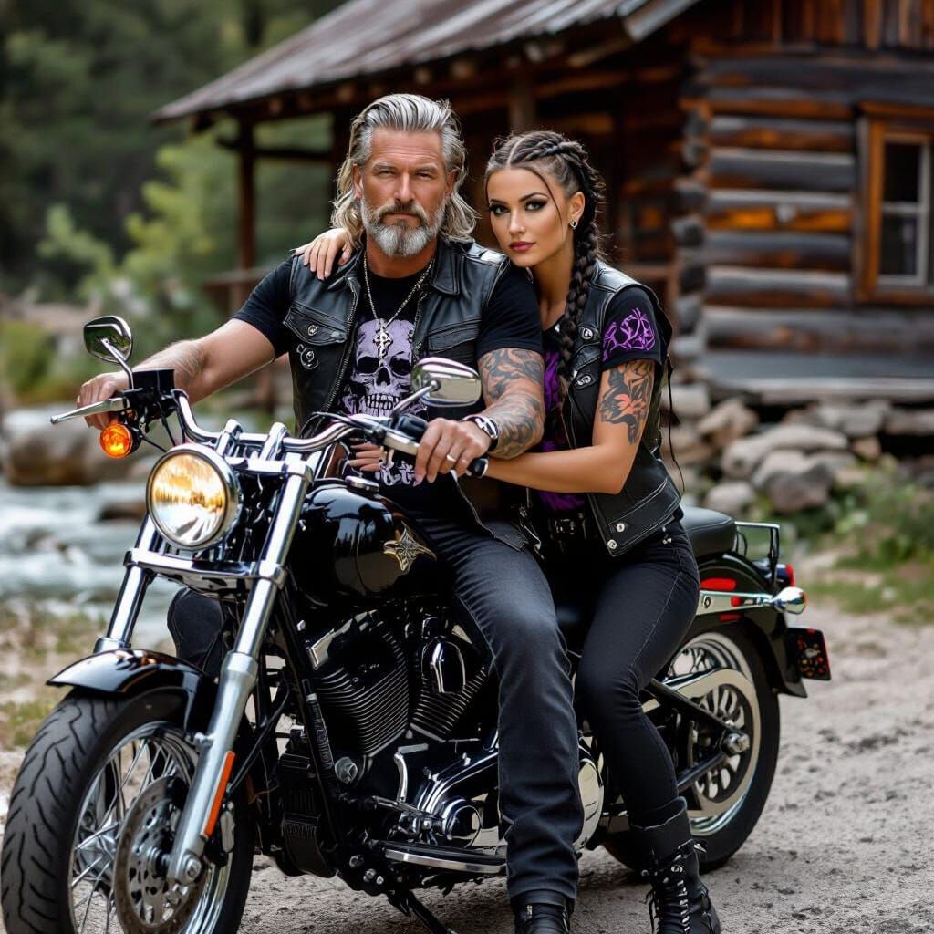 Biker Couple on Motorcycle by Rustic Cabin
