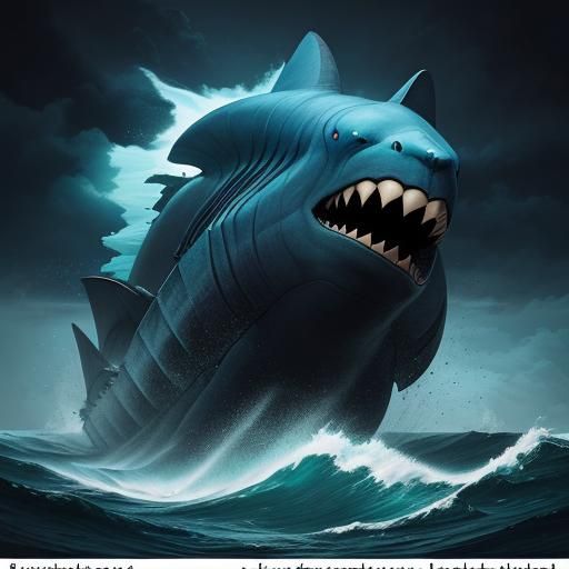 Greater Megalodon Breaching in Bioluminescent Depths