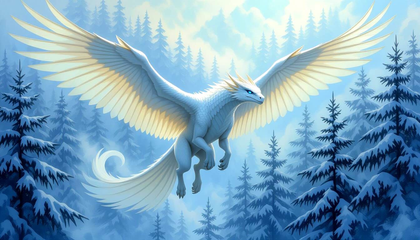 Ethereal Frost Dragon Swooping Over Snowy Forest