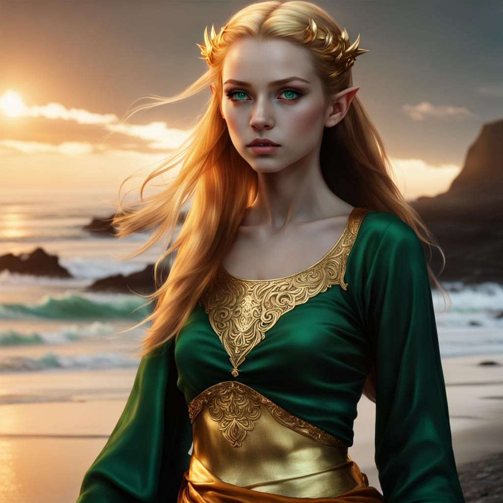 Ethereal Elf with Soul Fire Hair and Emerald Silk