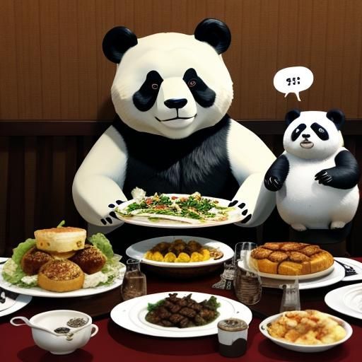 A panda bear dining with more pandas at a dinner party.