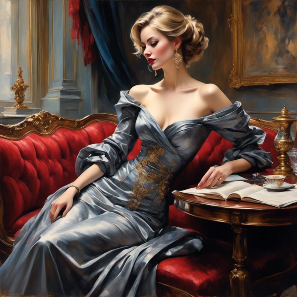 Elegant Woman in Library Illustration