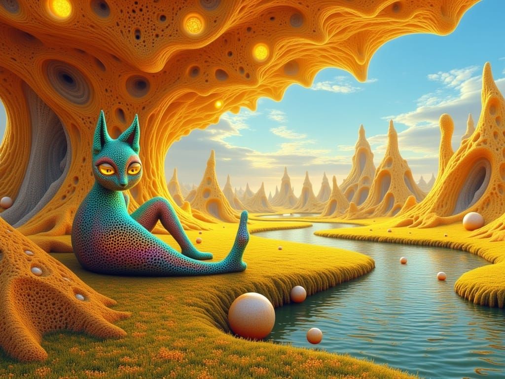 Surreal Dreamlike Meadow Scene with Alien Feline