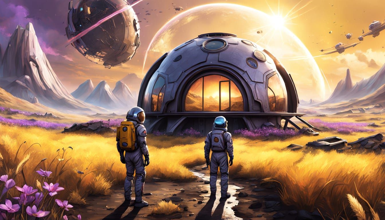 Sci-Fi Man on Alien World at Sunset