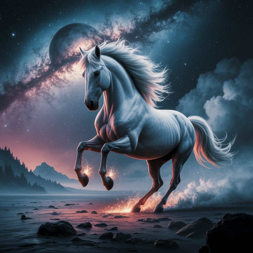 Stallion Galloping Through Star Nebula in Fantasy Photograph