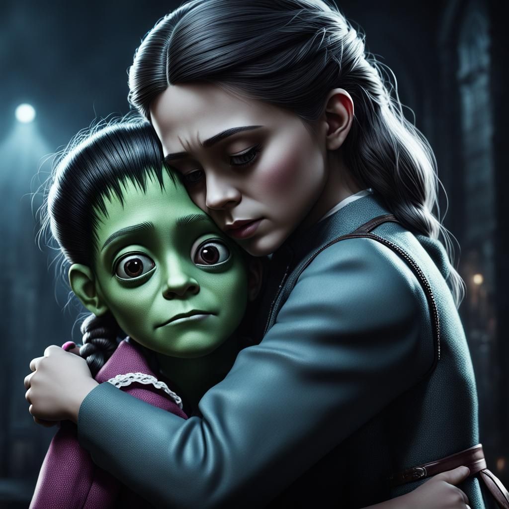 Girl Comforts Frankenstein in Atmospheric 8k Resolution