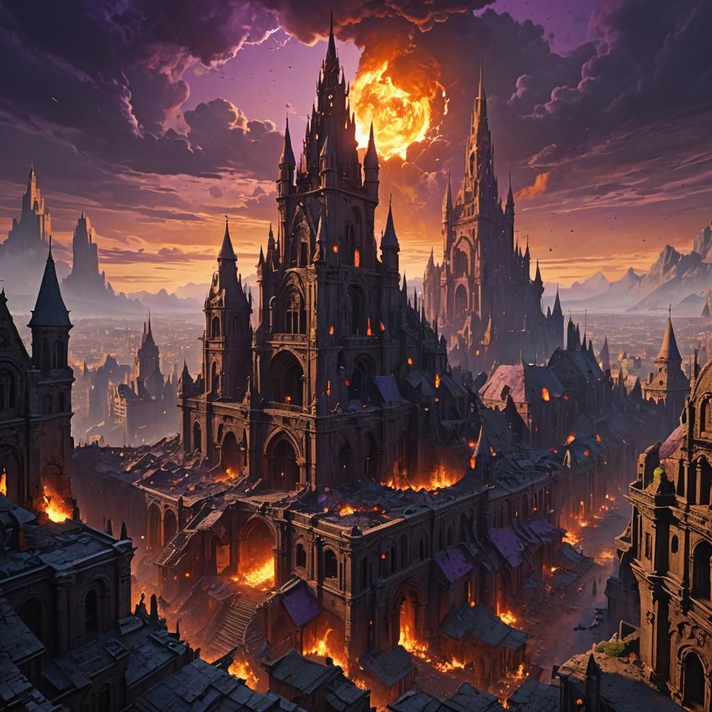 Ruined Fantasy City Under Flaming Sky