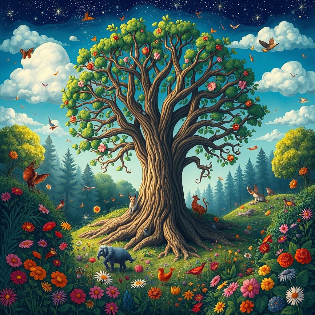 Majestic Tree in Whimsical Nature Scene