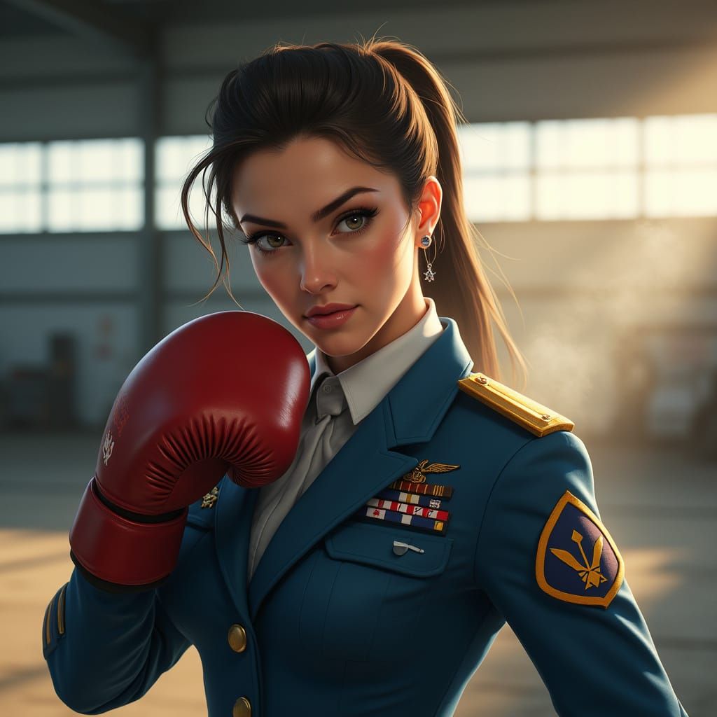 Female Air Force Officer in Boxing Gloves Poses in Hangar