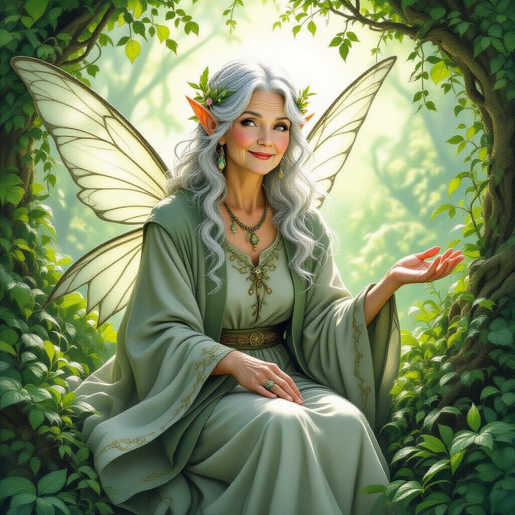 Elegant Fairy Grandma in Lush Greenery