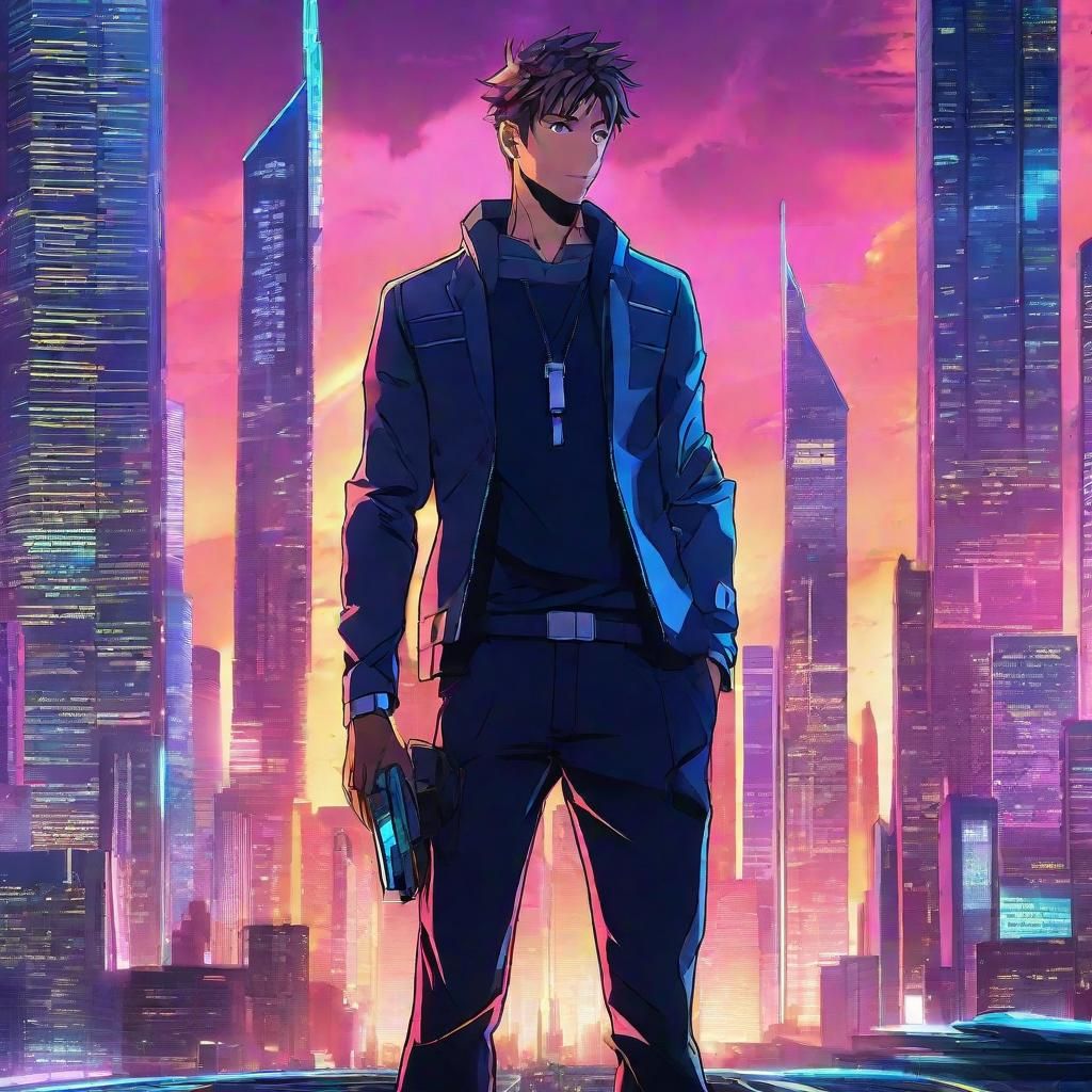 Triumphant Anime Hero in Futuristic Cityscape