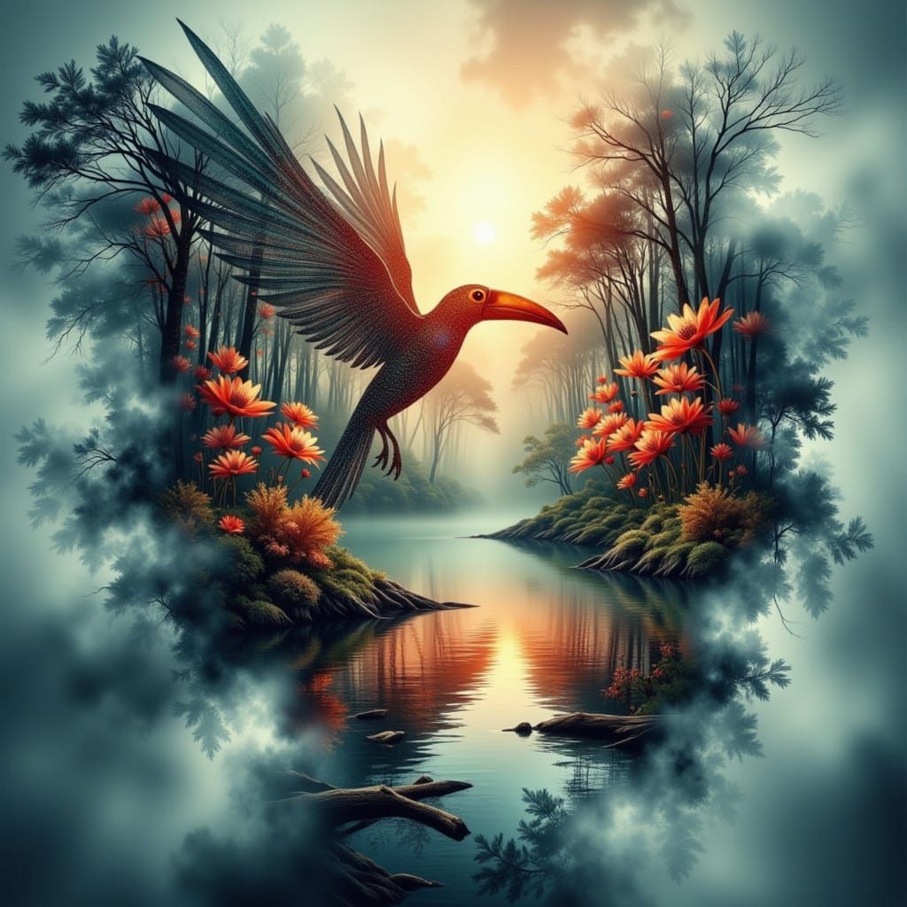 Surreal Stardust Tucan in Double Exposure Style