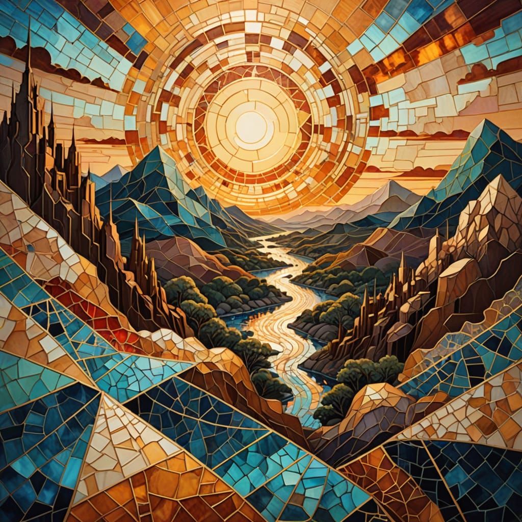 Kintsugi Mosaic Cityscape at Sunset in Impasto Style