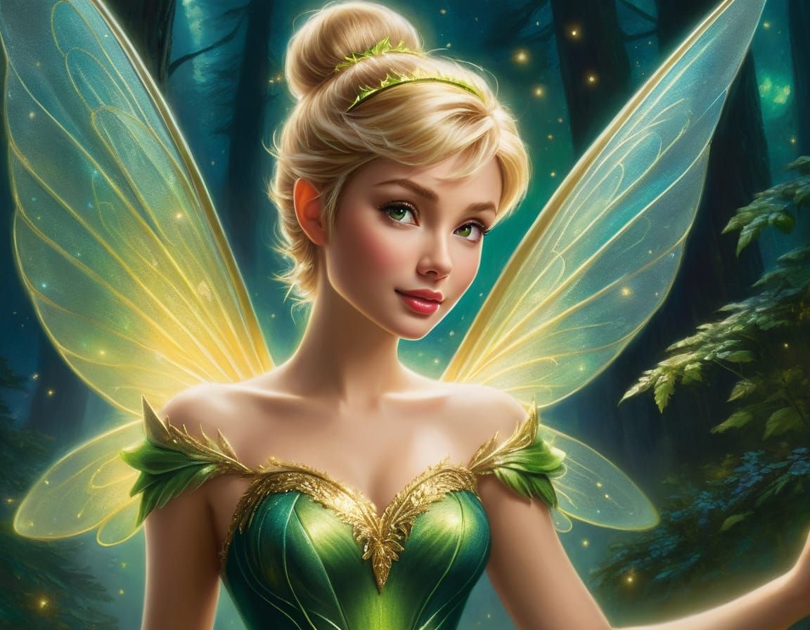 Tinkerbell in Enchanted Forest: High Fantasy Oil Painting