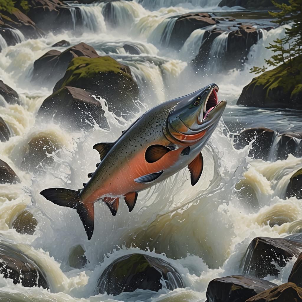 Salmon Leaping Over Waterfall in Photorealistic Detail