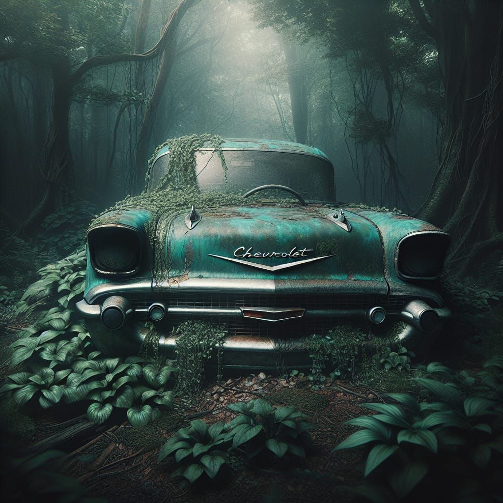 Abandoned Chevrolet in Forest: Dark Fantasy Illustration